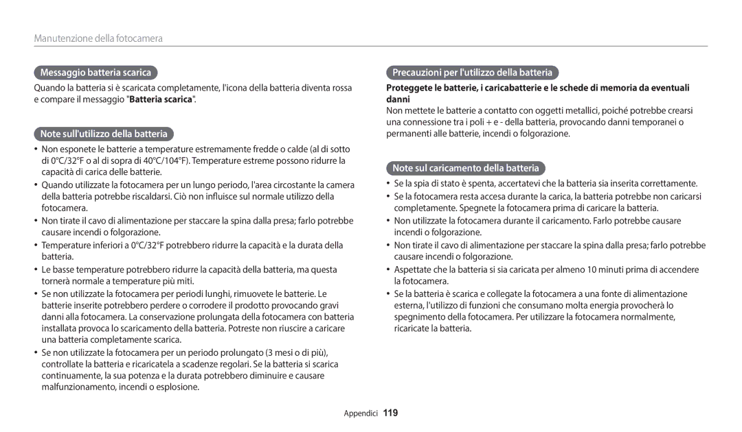 Samsung EC-WB50FZBPWE1 manual Messaggio batteria scarica, Precauzioni per lutilizzo della batteria 