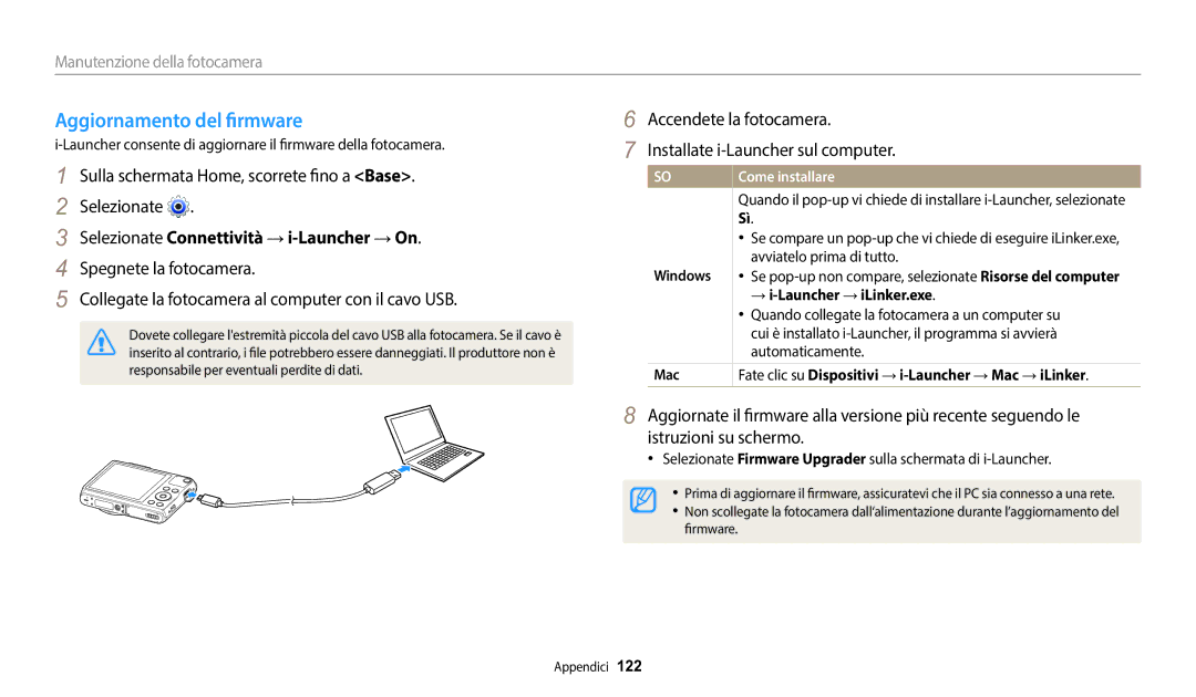 Samsung EC-WB50FZBPWE1 manual Aggiornamento del firmware, Selezionate Connettività → i-Launcher → On, Come installare 