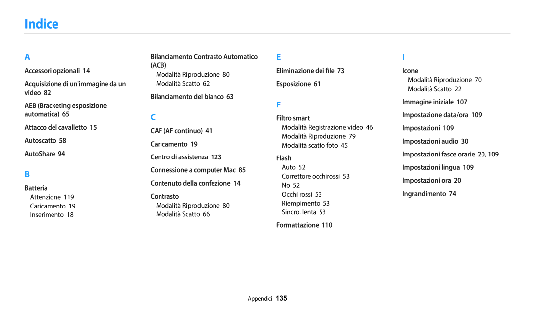 Samsung EC-WB50FZBPWE1 manual Indice, Attenzione Caricamento Inserimento, Modalità Riproduzione Modalità Scatto 