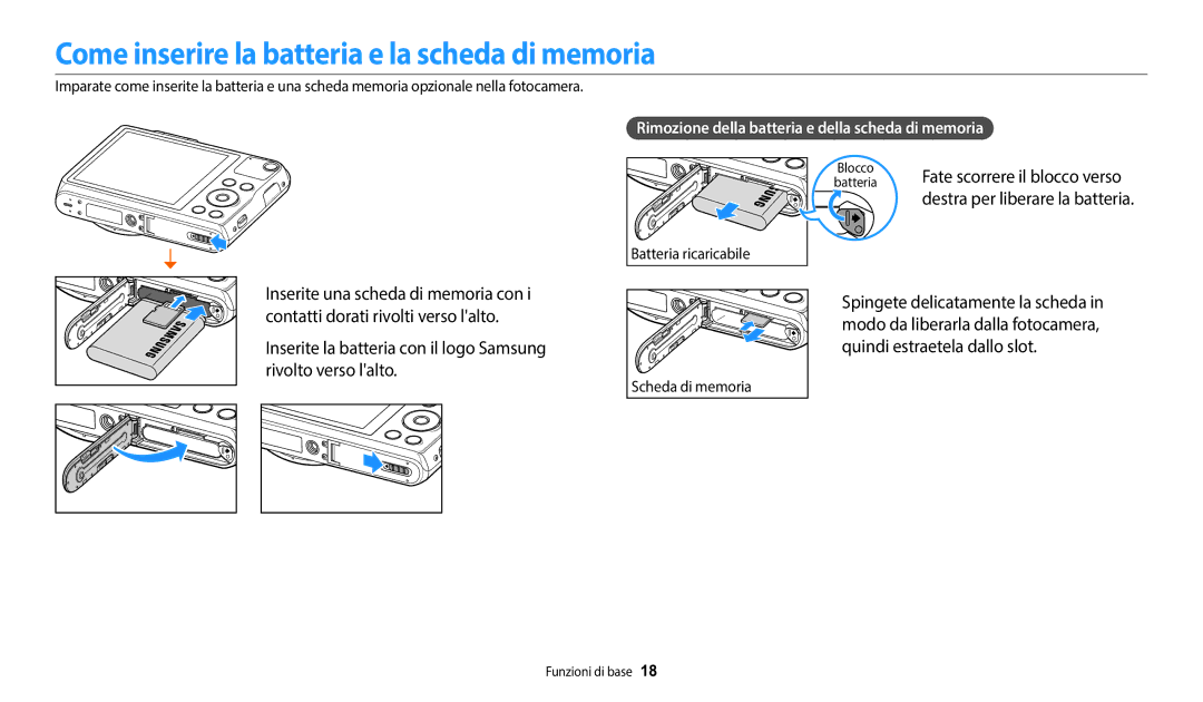 Samsung EC-WB50FZBPWE1 manual Come inserire la batteria e la scheda di memoria, Fate scorrere il blocco verso 