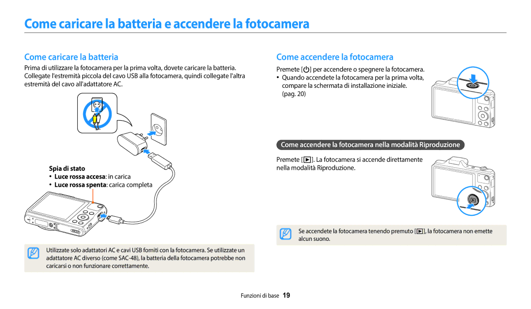 Samsung EC-WB50FZBPWE1 manual Come caricare la batteria e accendere la fotocamera, Come accendere la fotocamera 