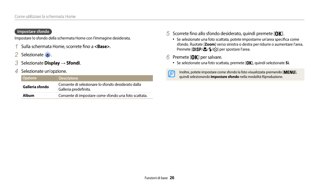 Samsung EC-WB50FZBPWE1 manual Scorrete fino allo sfondo desiderato, quindi premete, Premete per salvare, Impostare sfondo 