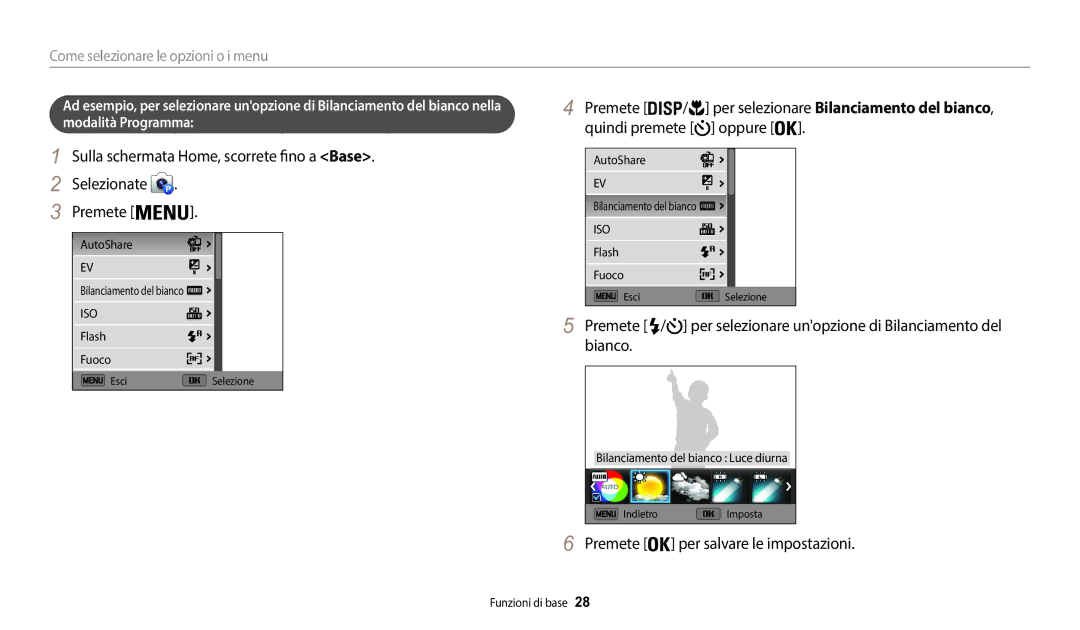 Samsung EC-WB50FZBPWE1 manual Oppure, Premete per salvare le impostazioni, Come selezionare le opzioni o i menu 