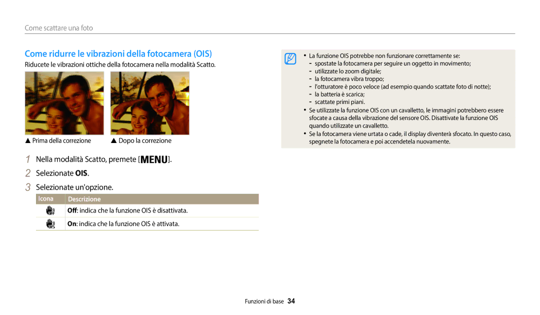 Samsung EC-WB50FZBPWE1 manual Come ridurre le vibrazioni della fotocamera OIS 