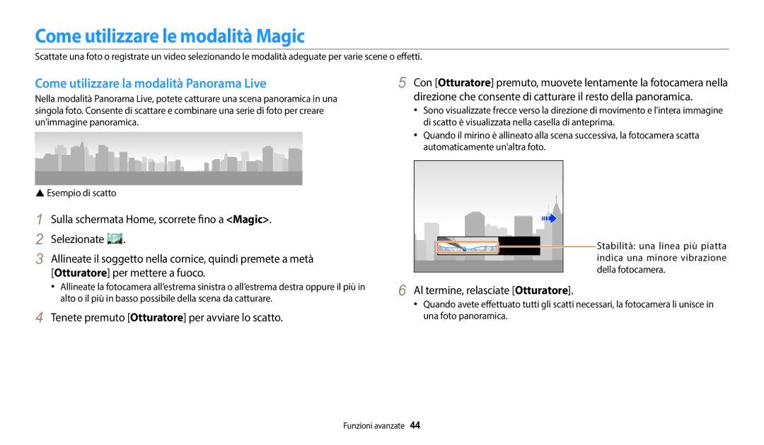 Samsung EC-WB50FZBPWE1 manual Come utilizzare le modalità Magic, Come utilizzare la modalità Panorama Live 