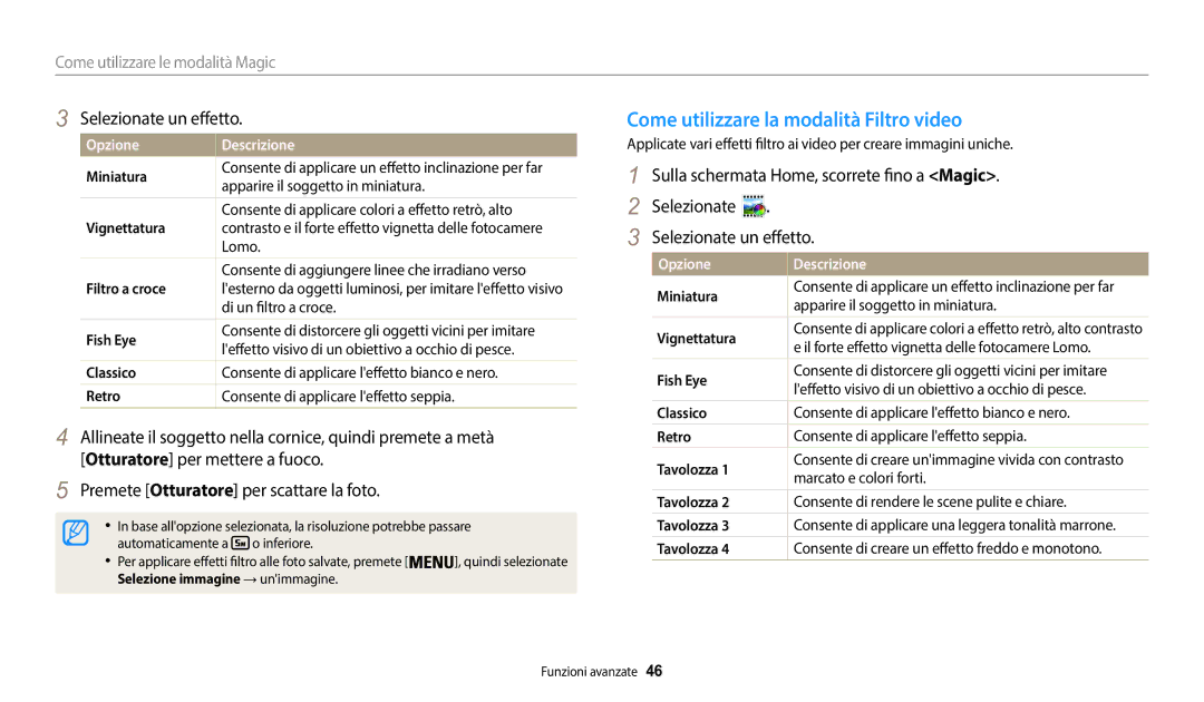 Samsung EC-WB50FZBPWE1 manual Come utilizzare la modalità Filtro video, Selezionate un effetto 