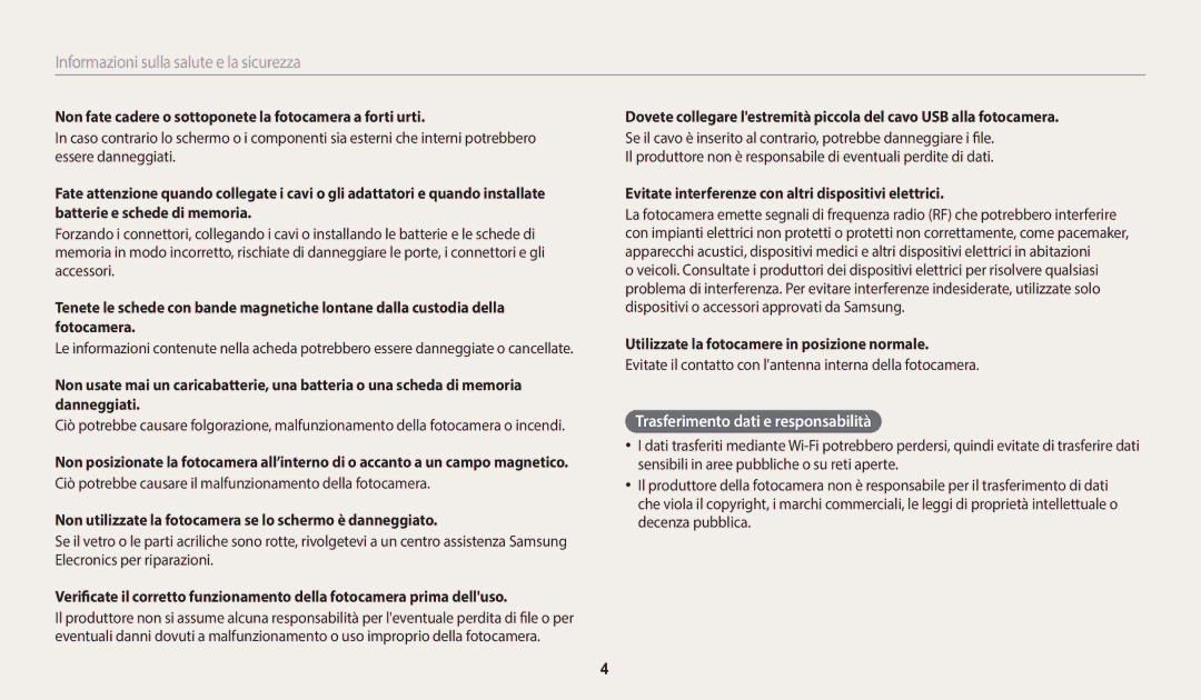 Samsung EC-WB50FZBPWE1 manual Trasferimento dati e responsabilità, Non fate cadere o sottoponete la fotocamera a forti urti 