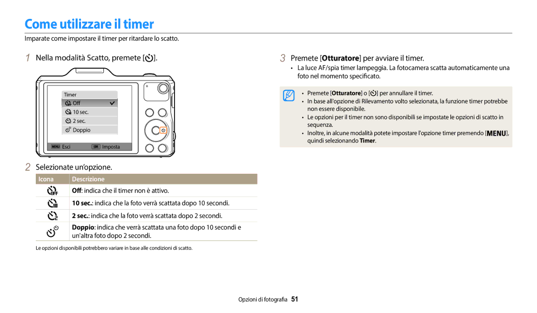 Samsung EC-WB50FZBPWE1 manual Come utilizzare il timer, Selezionate un’opzione, Premete Otturatore per avviare il timer 