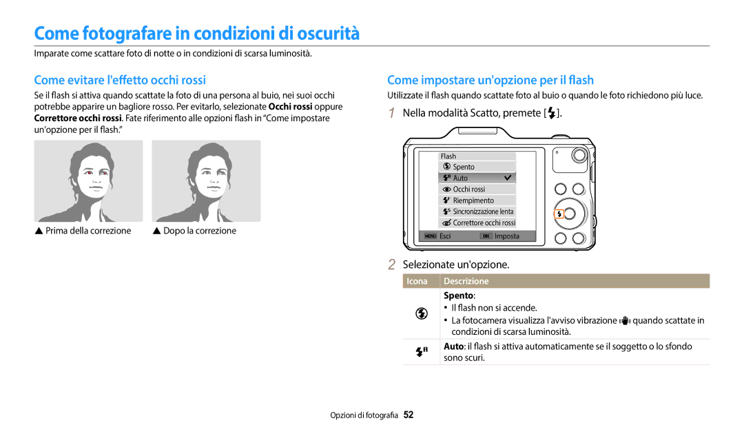 Samsung EC-WB50FZBPWE1 manual Come fotografare in condizioni di oscurità, Come evitare leffetto occhi rossi, Spento 