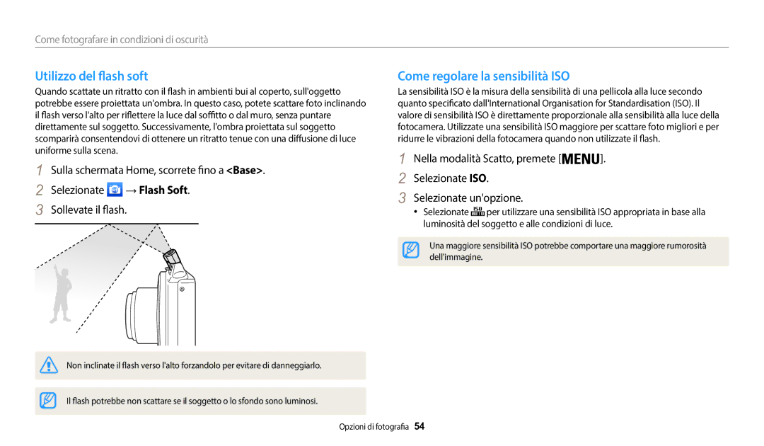 Samsung EC-WB50FZBPWE1 manual Utilizzo del flash soft, Come regolare la sensibilità ISO 