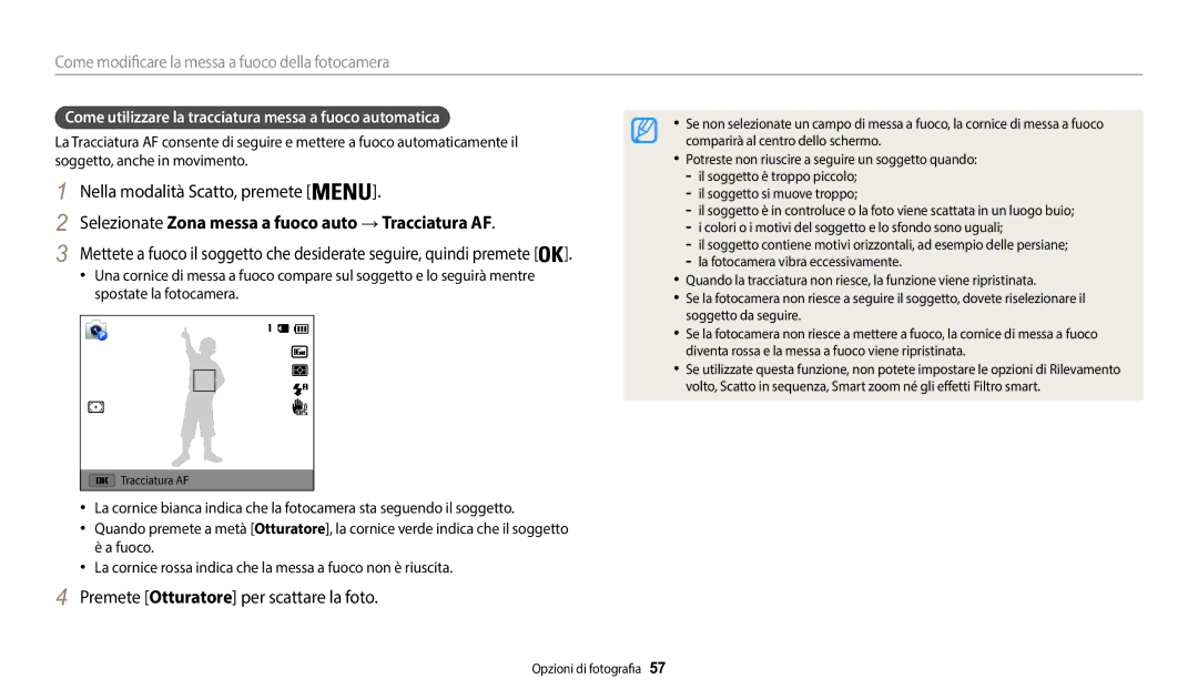 Samsung EC-WB50FZBPWE1 manual Selezionate Zona messa a fuoco auto → Tracciatura AF 