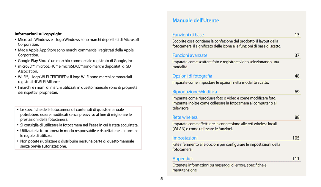 Samsung EC-WB50FZBPWE1 manual Manuale dellUtente, 105, 111, Informazioni sul copyright 