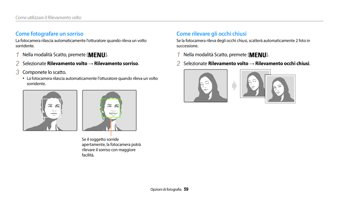 Samsung EC-WB50FZBPWE1 manual Come fotografare un sorriso, Come rilevare gli occhi chiusi, Componete lo scatto 