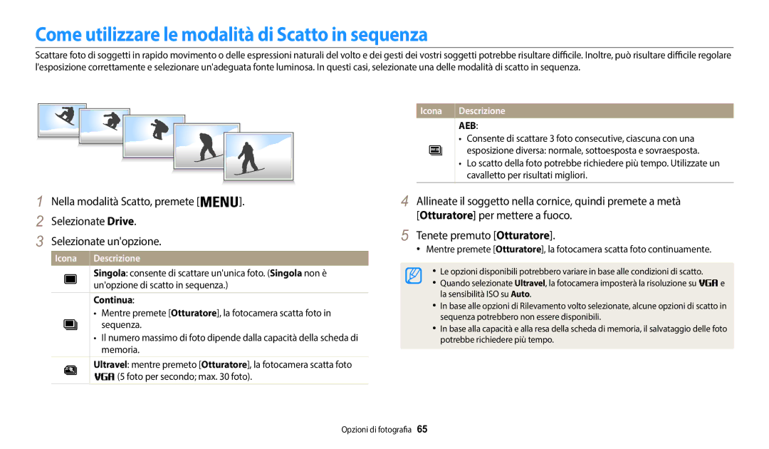 Samsung EC-WB50FZBPWE1 manual Come utilizzare le modalità di Scatto in sequenza, Continua 