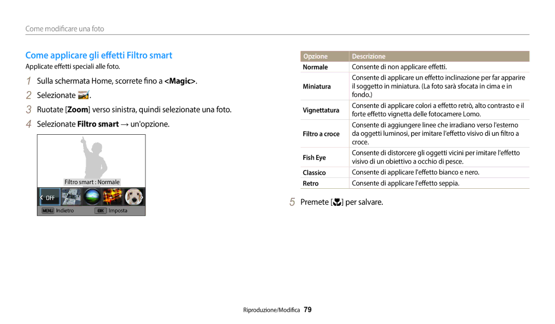 Samsung EC-WB50FZBPWE1 manual Come applicare gli effetti Filtro smart, Come modificare una foto 