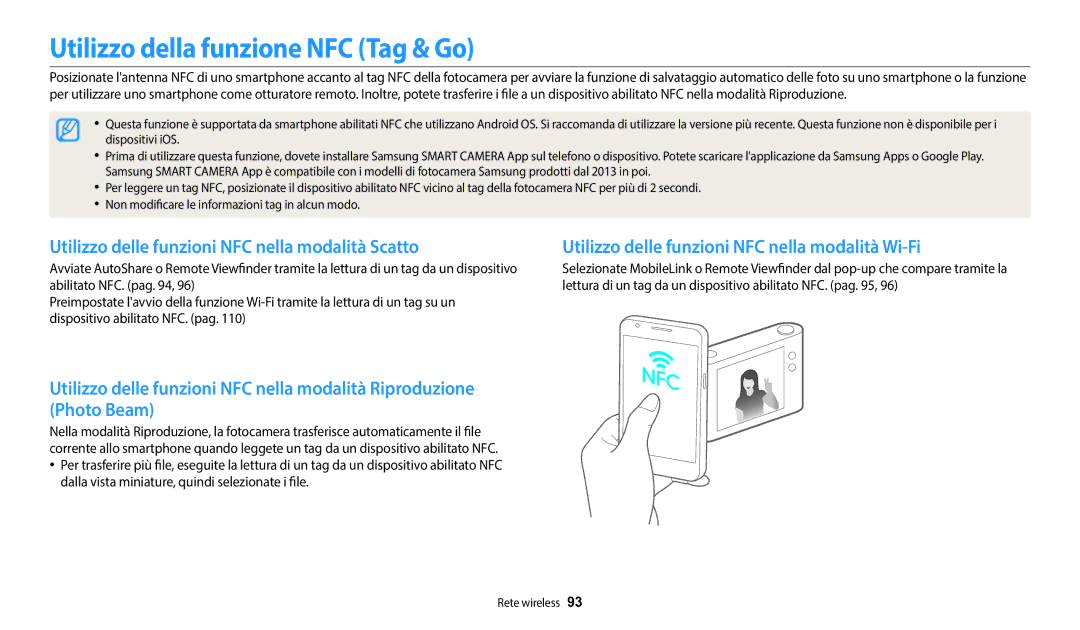 Samsung EC-WB50FZBPWE1 manual Utilizzo della funzione NFC Tag & Go, Utilizzo delle funzioni NFC nella modalità Scatto 