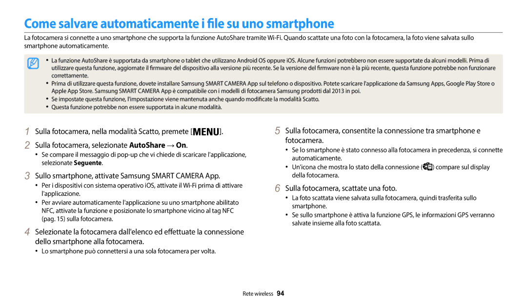 Samsung EC-WB50FZBPWE1 manual Come salvare automaticamente i file su uno smartphone, Sulla fotocamera, scattate una foto 