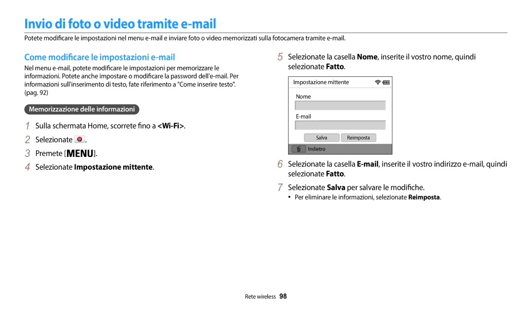 Samsung EC-WB50FZBPWE1 manual Invio di foto o video tramite e-mail, Come modificare le impostazioni e-mail 