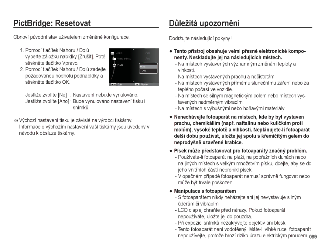 Samsung EC-WB5500BPBE1, EC-WB5500BPAE1 manual PictBridge Resetovat, DĤležitá upozornČní, Dodržujte následující pokyny 