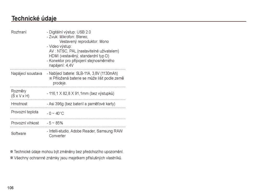 Samsung EC-WB5500BPBE3, EC-WB5500BPAE1, EC-WB5500BPBE1 manual Rozhraní Napájecí soustava, RozmČry Š x V x H 