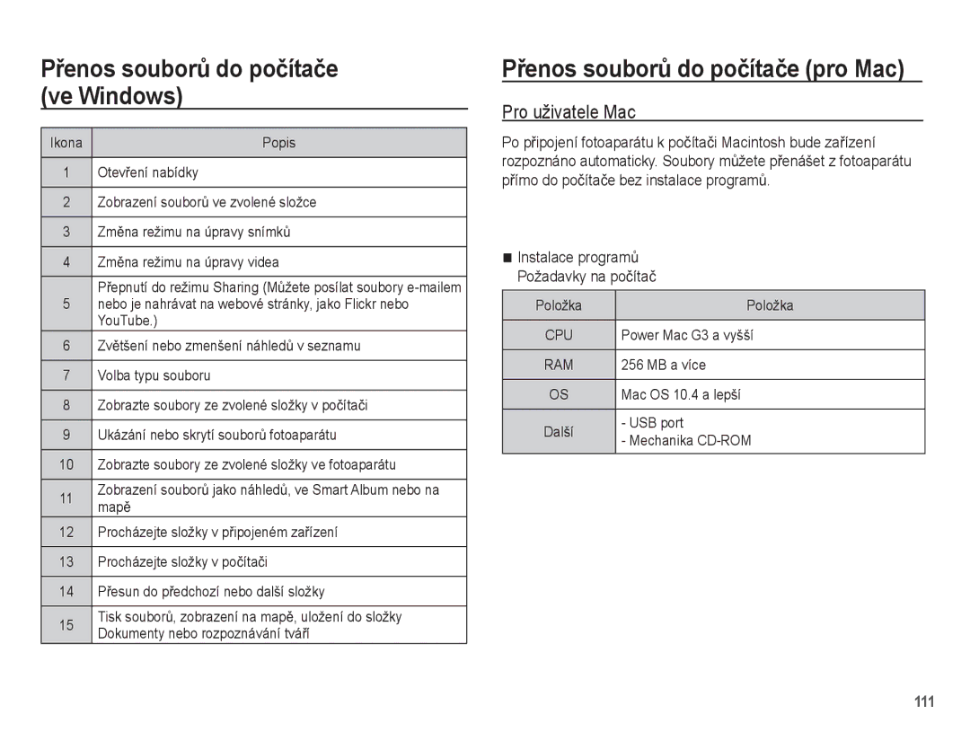 Samsung EC-WB5500BPBE1 manual Pro uživatele Mac, Instalace programĤ Požadavky na poþítaþ, Power Mac G3 a vyšší, MB a více 