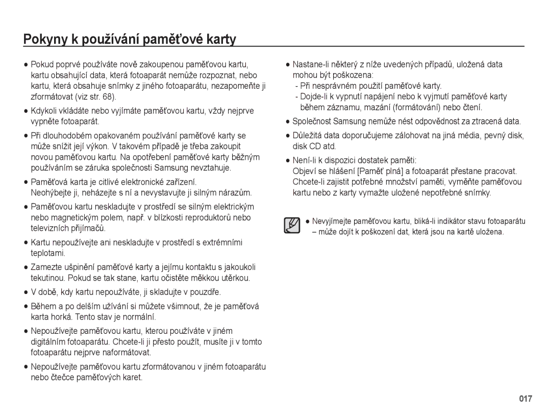 Samsung EC-WB5500BPAE1, EC-WB5500BPBE1 Pokyny k používání pamČĢové karty, PamČĢová karta je citlivé elektronické zaĜízení 