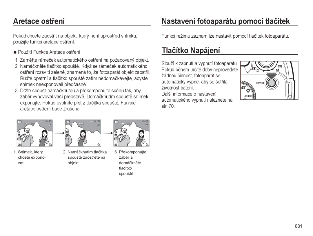 Samsung EC-WB5500BPBE3, EC-WB5500BPAE1 manual Aretace ostĜení, Nastavení fotoaparátu pomocí tlaþítek, Tlaþítko Napájení 