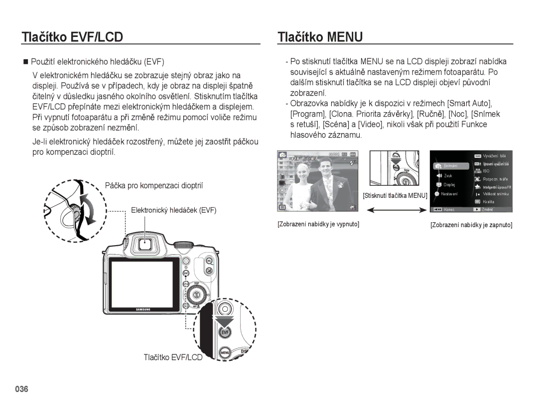 Samsung EC-WB5500BPBE1, EC-WB5500BPAE1, EC-WB5500BPBE3 manual Tlaþítko Menu, Použití elektronického hledáþku EVF 