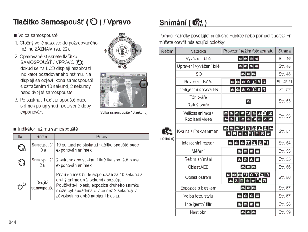 Samsung EC-WB5500BPAE1 manual Tlaþítko SamospoušĢ / Vpravo, Volba samospouštČ, Exponován, Indikátor režimu samospouštČ 