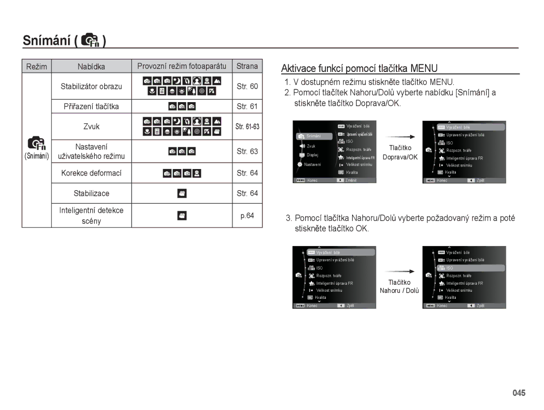 Samsung EC-WB5500BPBE1 manual Aktivace funkcí pomocí tlaþítka Menu, StisknČte tlaþítko Doprava/OK, StisknČte tlaþítko OK 