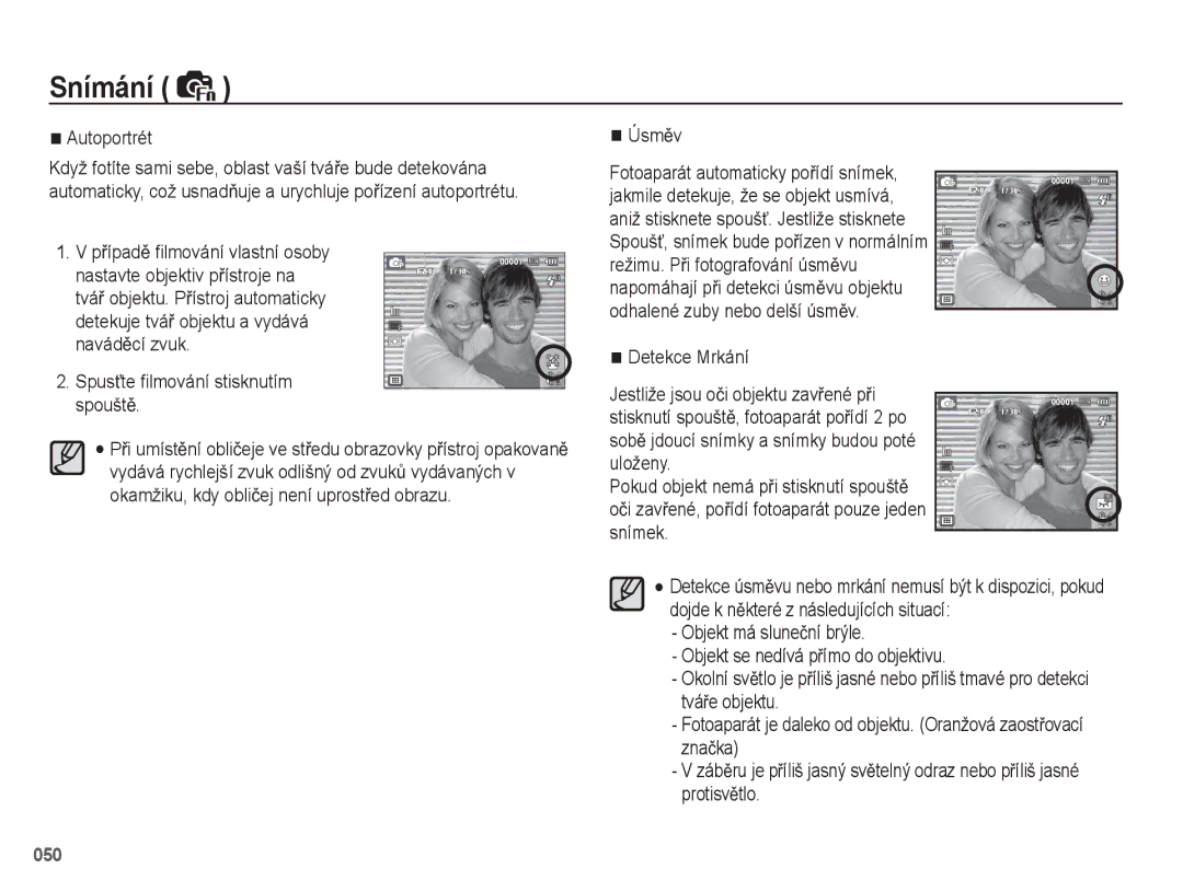 Samsung EC-WB5500BPAE1 manual Autoportrét, SpusĢte ﬁlmování stisknutím spouštČ, ÚsmČv Fotoaparát automaticky poĜídí snímek 