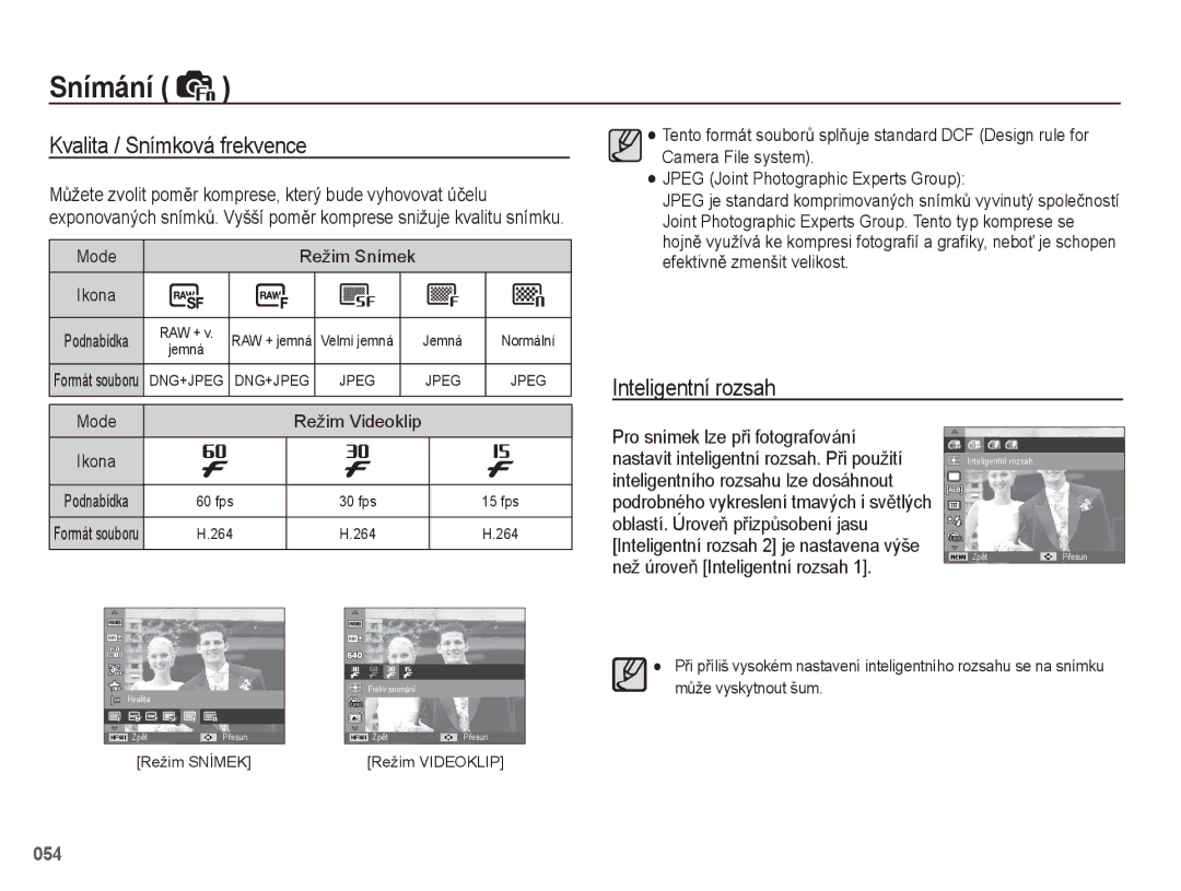 Samsung EC-WB5500BPBE1, EC-WB5500BPAE1 manual Kvalita / Snímková frekvence, Inteligentní rozsah, Mode Režim Videoklip Ikona 