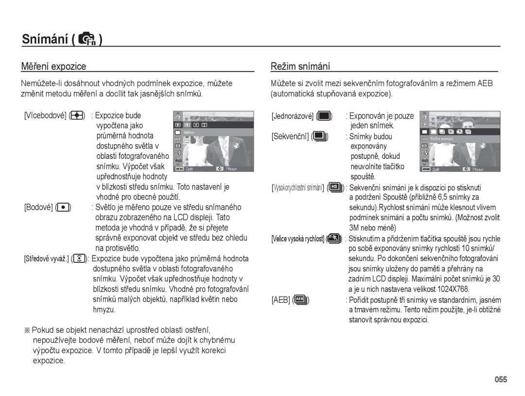 Samsung EC-WB5500BPBE3, EC-WB5500BPAE1, EC-WB5500BPBE1 manual MČĜení expozice, Režim snímání 