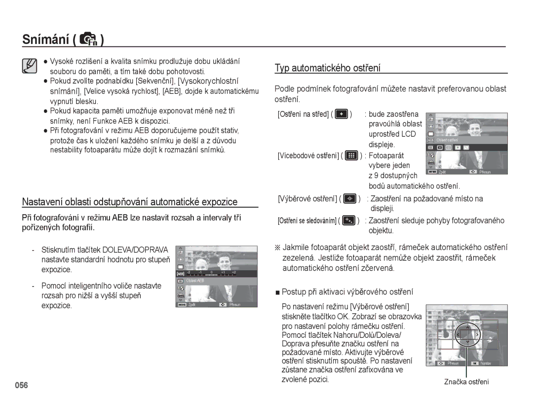 Samsung EC-WB5500BPAE1, EC-WB5500BPBE1, EC-WB5500BPBE3 manual Typ automatického ostĜení 