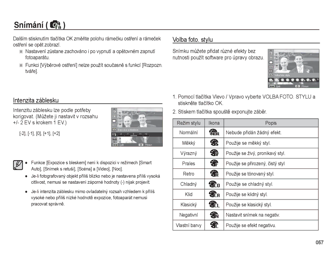 Samsung EC-WB5500BPBE1, EC-WB5500BPAE1, EC-WB5500BPBE3 manual Intenzita záblesku Volba foto. stylu 