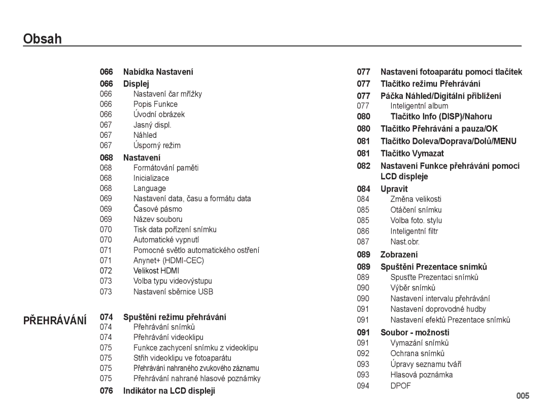 Samsung EC-WB5500BPAE1 manual 066, Volba typu videovýstupu Nastavení sbČrnice USB, 075 StĜih videoklipu ve fotoaparátu 