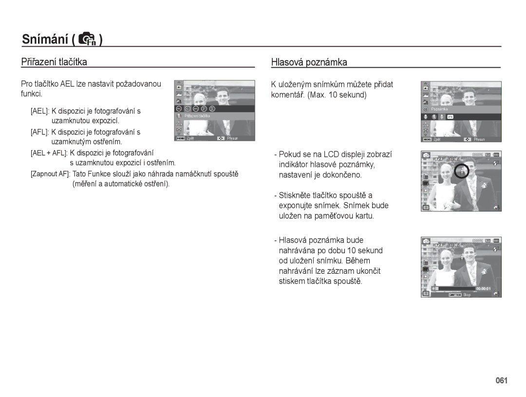 Samsung EC-WB5500BPBE3 manual PĜiĜazení tlaþítka Hlasová poznámka, Pro tlaþítko AEL lze nastavit požadovanou funkci 