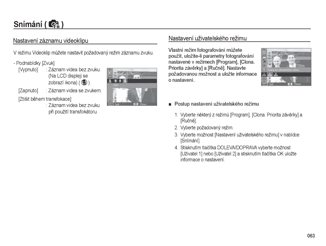 Samsung EC-WB5500BPBE1, EC-WB5500BPAE1 manual Nastavení záznamu videoklipu, Nastavení uživatelského režimu, Podnabídky Zvuk 