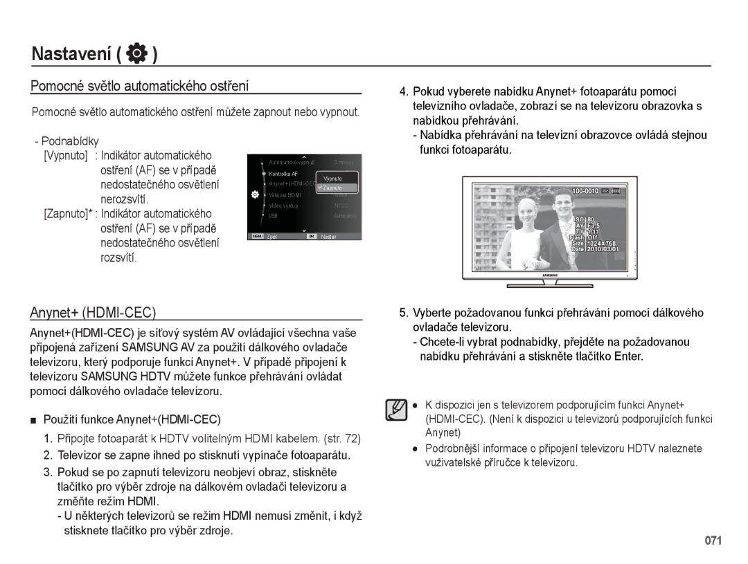 Samsung EC-WB5500BPAE1 manual Pomocné svČtlo automatického ostĜení, Anynet+ HDMI-CEC, Použití funkce Anynet+HDMI-CEC 