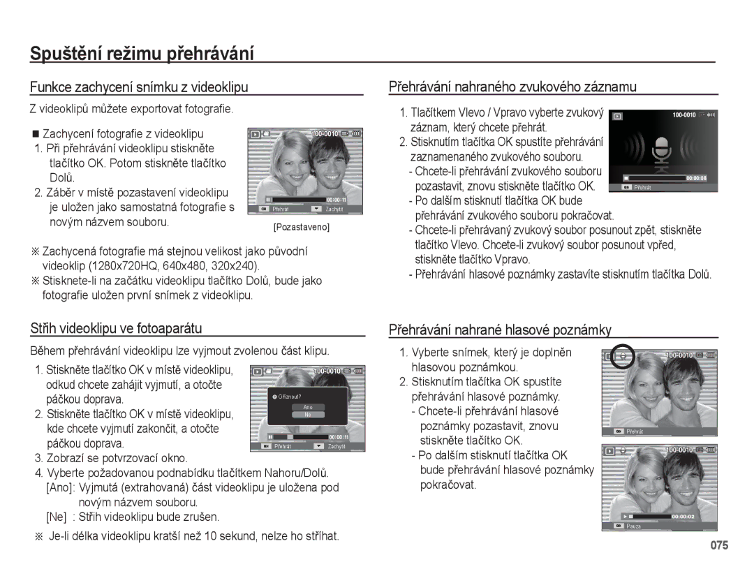 Samsung EC-WB5500BPBE1, EC-WB5500BPAE1 manual Funkce zachycení snímku z videoklipu, PĜehrávání nahraného zvukového záznamu 