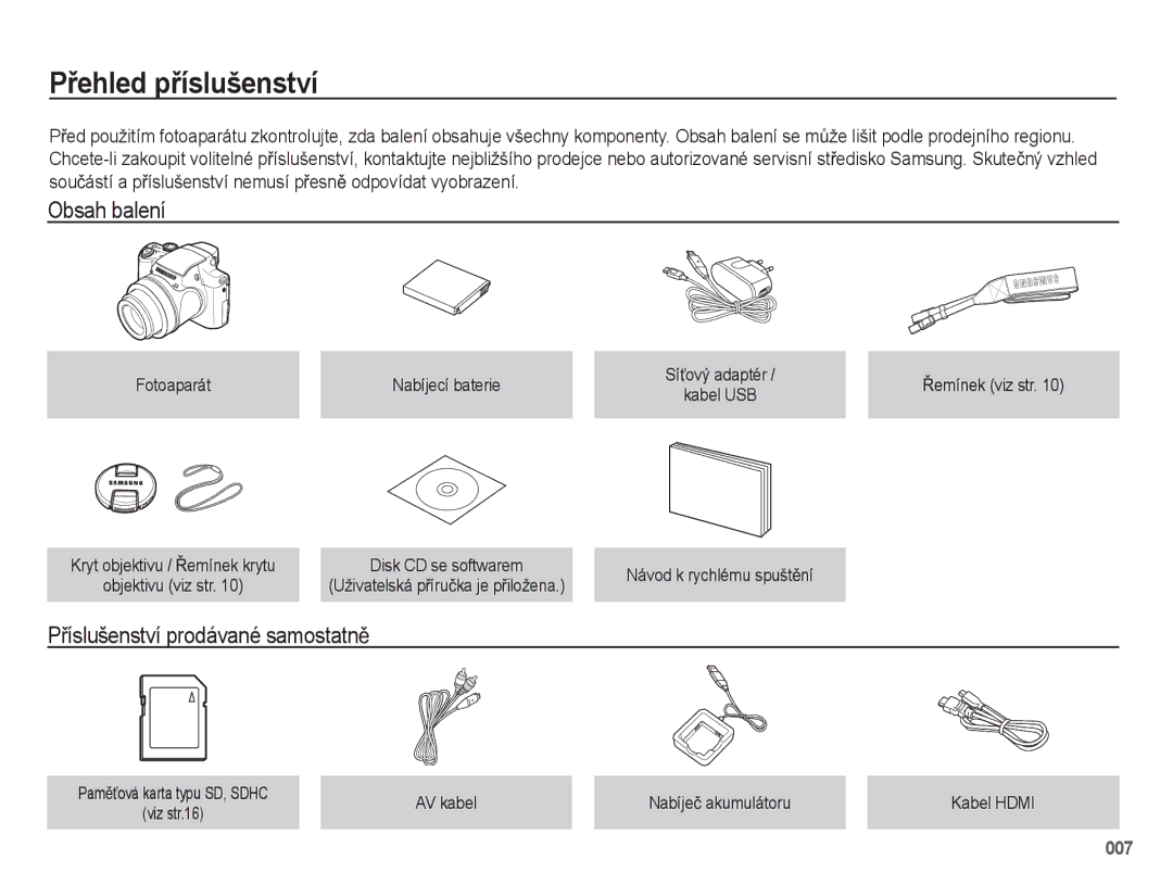 Samsung EC-WB5500BPBE3, EC-WB5500BPAE1 manual PĜehled pĜíslušenství, Obsah balení, PĜíslušenství prodávané samostatnČ 