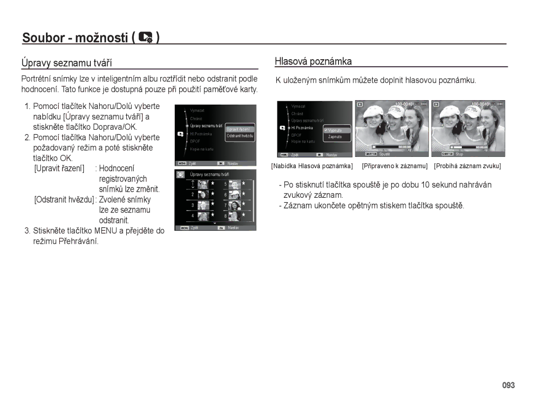 Samsung EC-WB5500BPBE1, EC-WB5500BPAE1 manual Úpravy seznamu tváĜí, Uloženým snímkĤm mĤžete doplnit hlasovou poznámku 