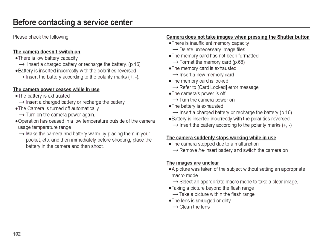 Samsung EC-WB5500BPBIL manual Before contacting a service center, Camera power ceases while in use, Images are unclear 