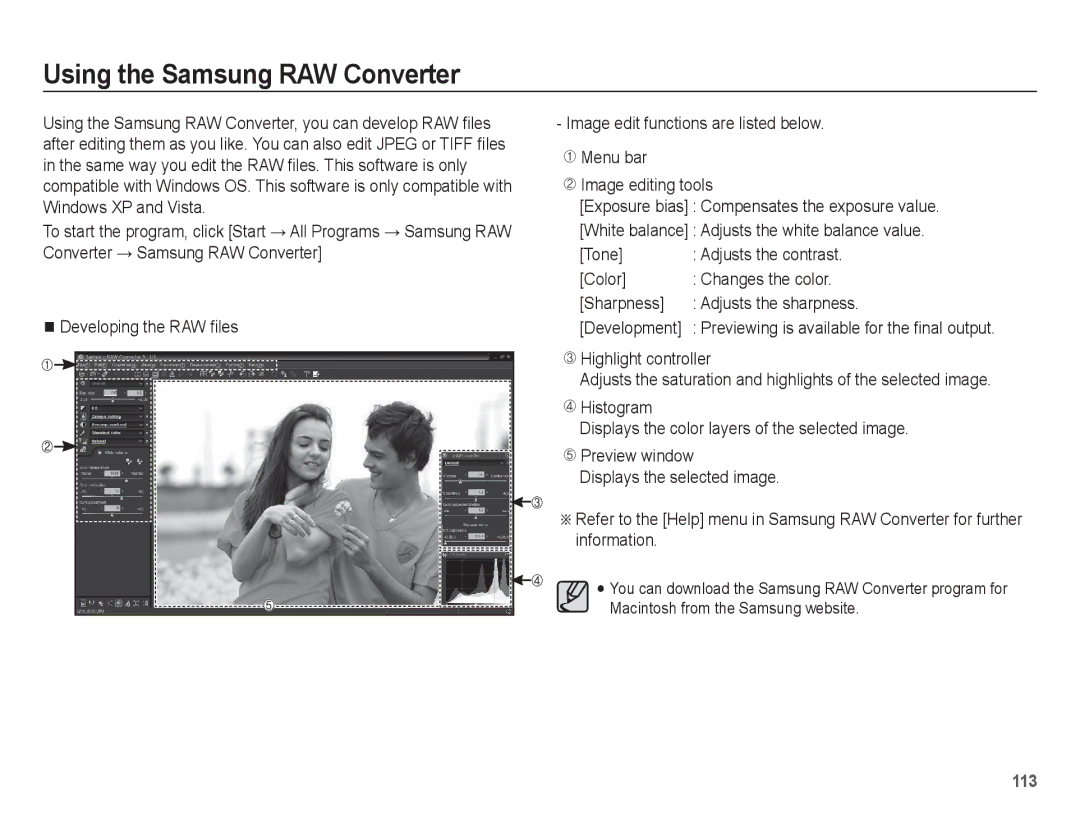 Samsung EC-WB5500BPBIL manual Using the Samsung RAW Converter, Color Changes the color Sharpness, Adjusts the contrast 