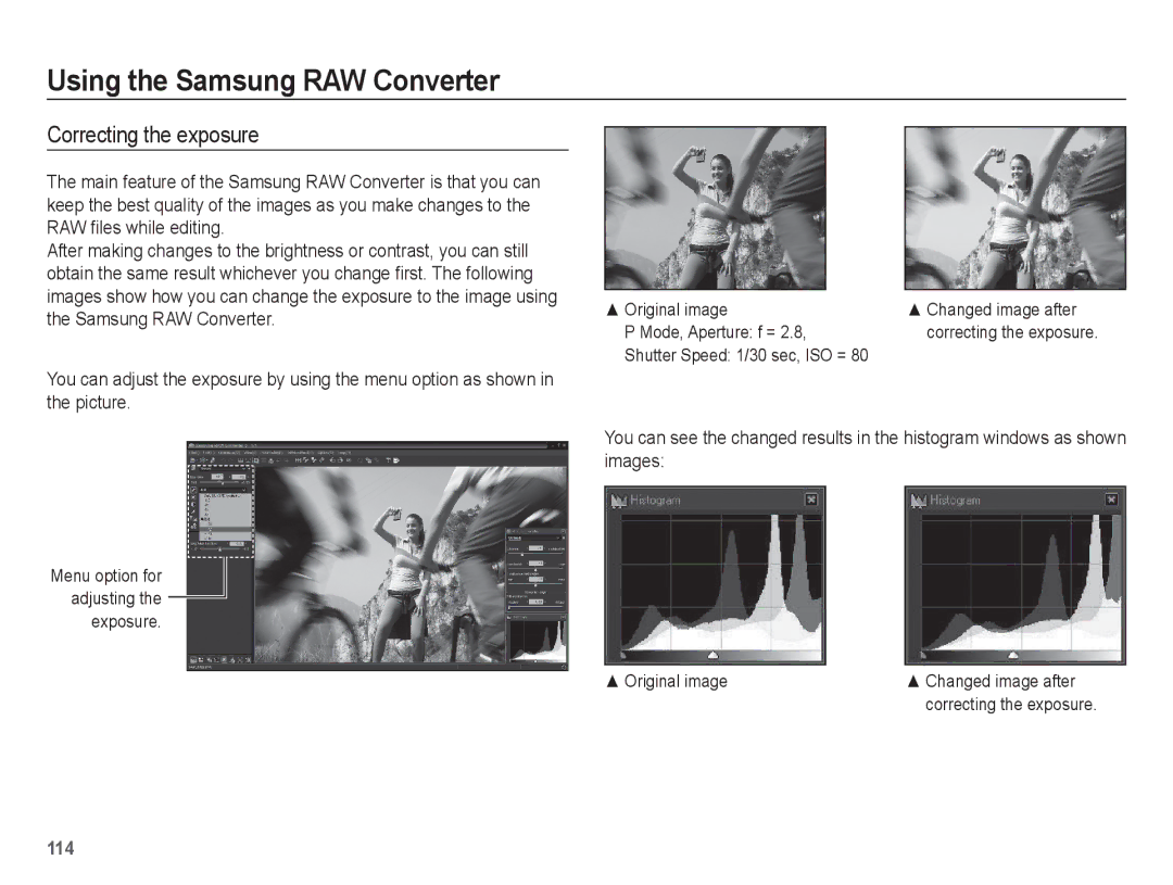 Samsung EC-WB5500BPBSA manual Correcting the exposure, Shutter Speed 1/30 sec, ISO =, Original image Changed image after 