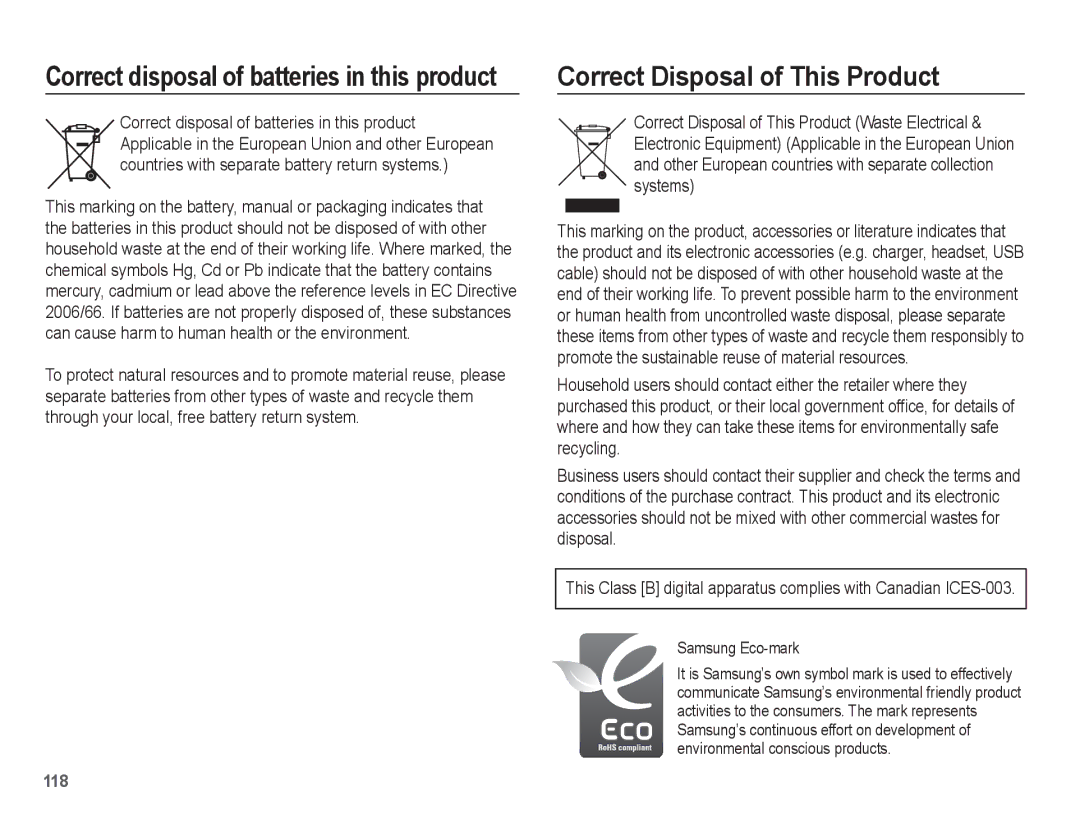 Samsung EC-WB5500BPARU, EC-WB5500BPAE1, EC-WB5500BPBE1, EC-WB5500BPBIT, EC-WB5500BPASA manual Correct Disposal of This Product 