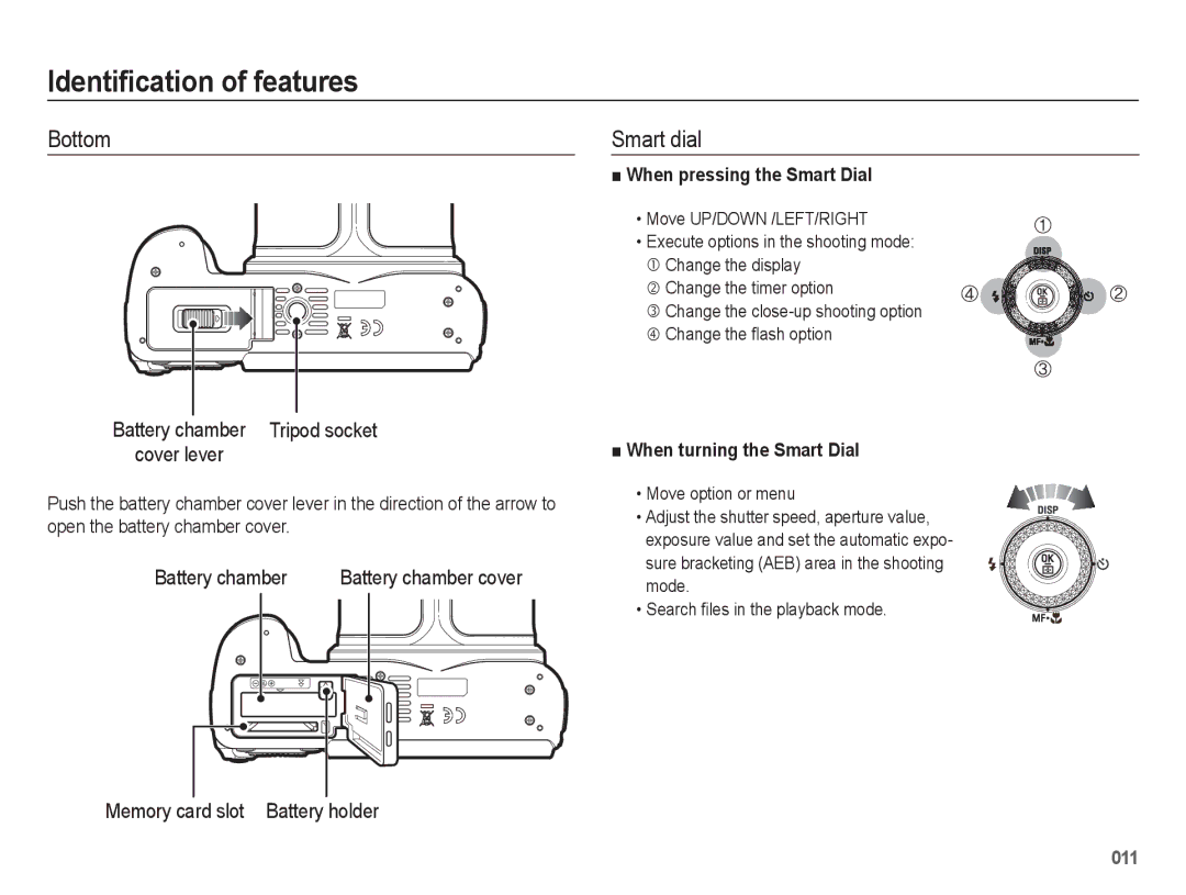 Samsung EC-WB5500BPBE1 manual Bottom, When pressing the Smart Dial, When turning the Smart Dial, Battery chamber cover 