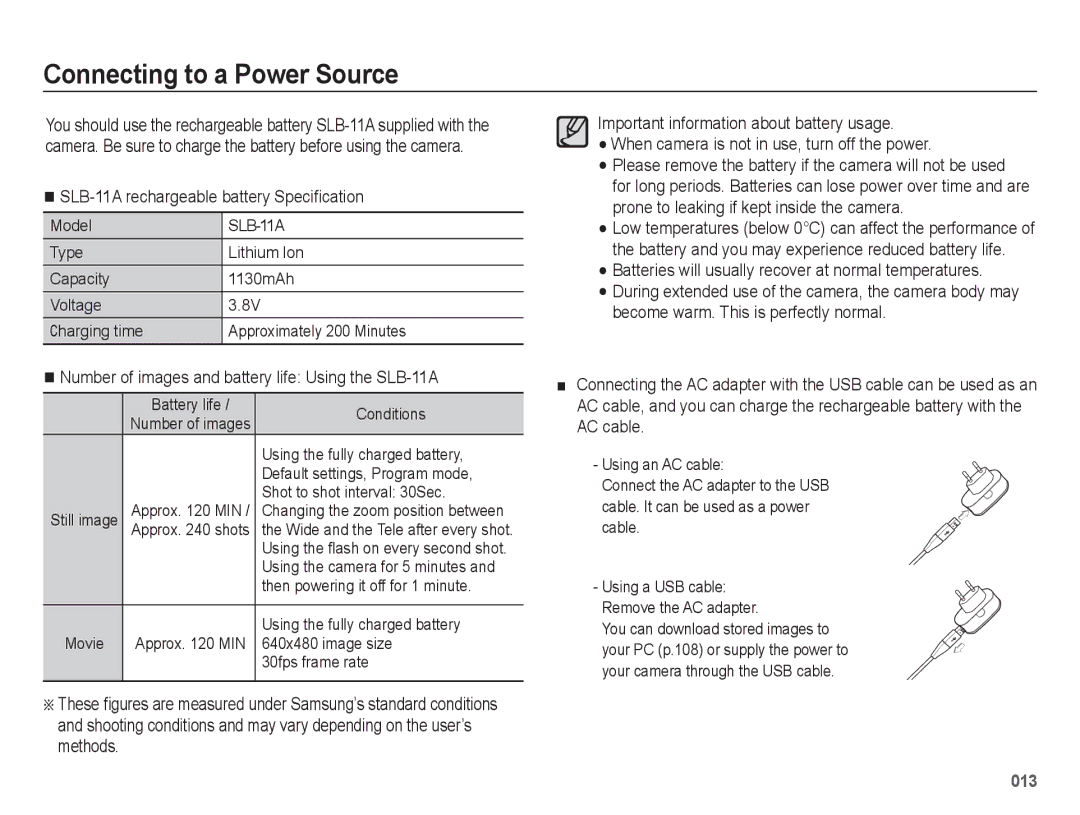 Samsung EC-WB5500BPASA, EC-WB5500BPAE1 manual Connecting to a Power Source, SLB-11A rechargeable battery Speciﬁcation 