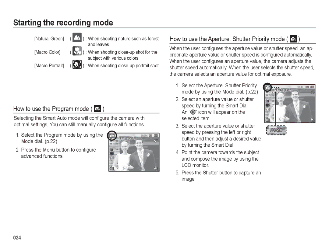 Samsung EC-WB5500BPASA How to use the Program mode, How to use the Aperture. Shutter Priority mode, Leaves, Macro Color 