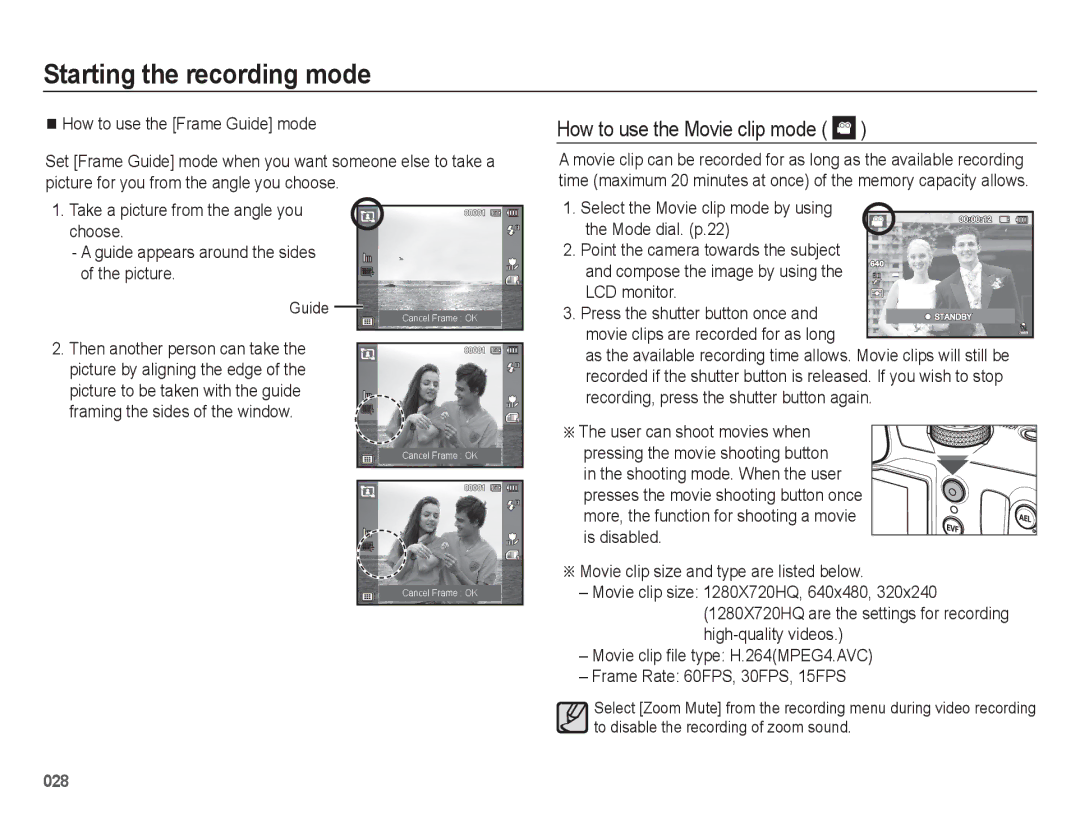 Samsung EC-WB5500BPBE2, EC-WB5500BPAE1, EC-WB5500BPBE1, EC-WB5500BPBIT, EC-WB5500BPASA How to use the Movie clip mode, Guide 